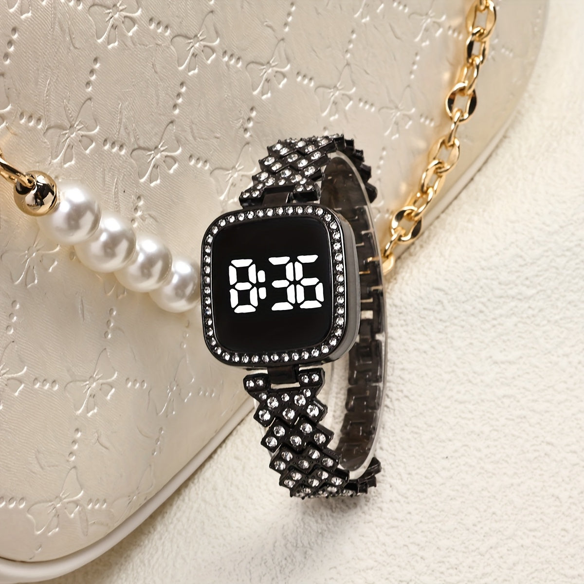 1pc Elegant Square LED Chronograph Watch with Sparkling Rhinestones - Stainless Steel Band, Digital Display, Non-Rechargeable Battery, Perfect for Daily Decor, Everyday Accessory|Elegant Watch Design|Durable Watch Band, Squar