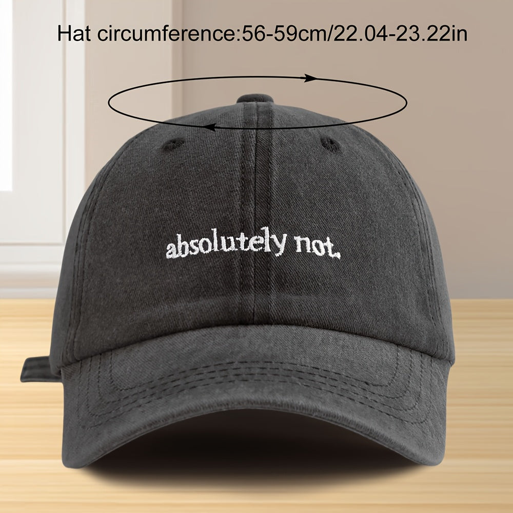 1pc Vintage Washed "Absolutely Not" Embroidered Baseball Cap - Unisex Lightweight Sun Protection Hat for Spring & Summer, Black Polyester with White Lettering, Adjustable Fit