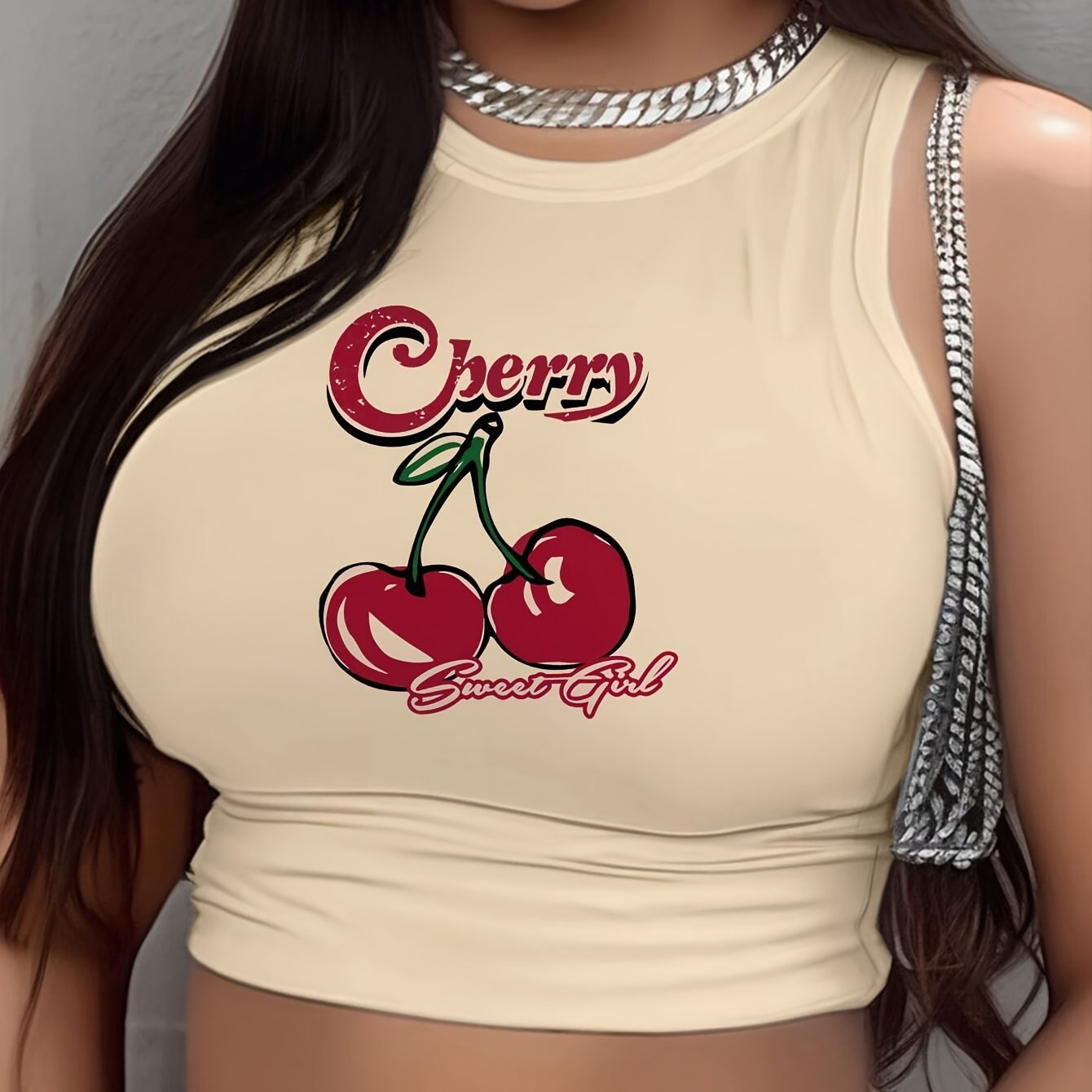 Portrait Print Crew Neck Tank Top, Casual Sleeveless Crop Top For Spring & Summer, Women's Clothing