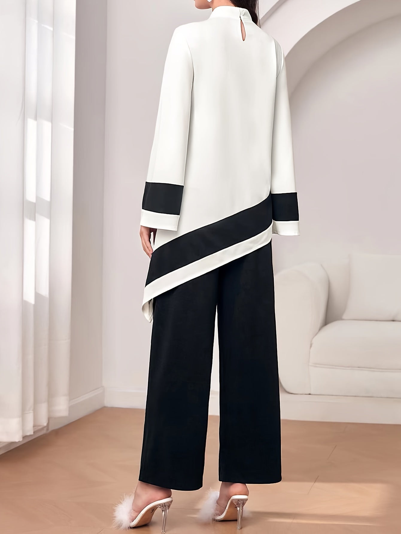 Elegant Stand Collar Asymmetric Hem Top and Pants Set for Women - Polyester Knit Fabric, Solid Color, All Seasons
