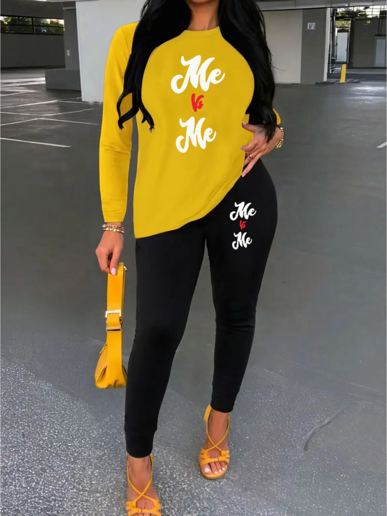 Women's Me Vs Me Print Long Sleeve Outfit - Made from Polyester Blend Knit Fabric, Round Neck Autumn/Winter Set, Includes Pants And Top, Perfect for Business And Casual Attire, an Ideal Gift Choice.