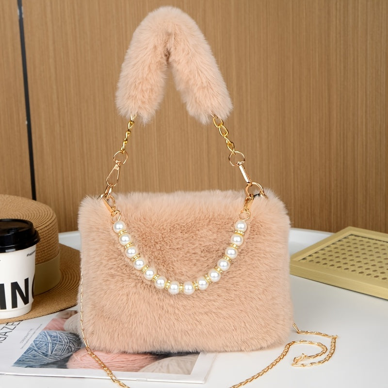 Faux Fur Shoulder Bag with Chain Strap, Synthetic Solid Color Handbag, Zipper Closure, Unlined, Non-Washable - Fashionable Mini Square Purse for Women