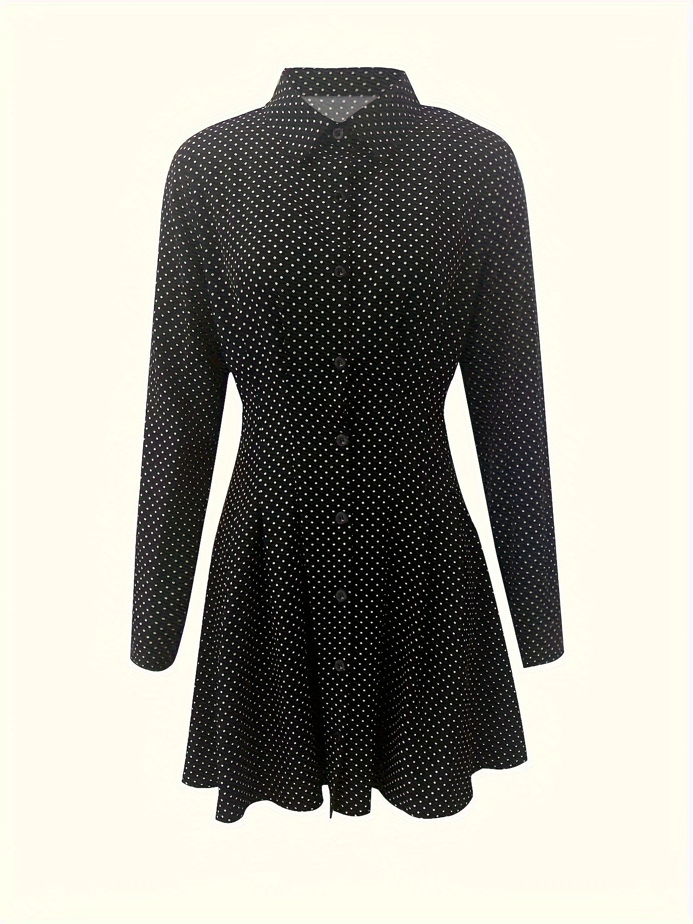 Polka Dot Button Front Dress - Elegant Long Sleeve Pleated Dress For Spring & Fall - Women's Clothing - For Women - Suitable for Parties & Casual Occasions - Perfect Gift for Her