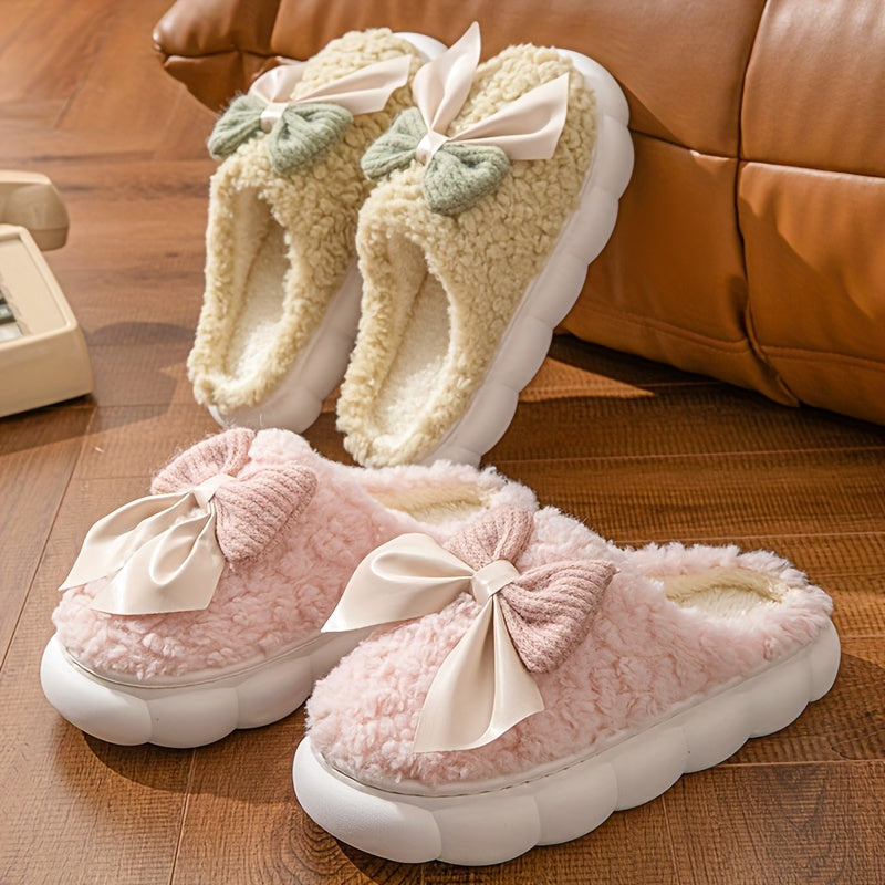 1 Pair Women's Winter Warm Plush Slippers, Casual Solid Color Bowknot Indoor House Shoes, Thick Sole Non-Slip Warm Footwear, Essential Autumn/Winter Home Slides with Superfine Fiber Insole and TPU Sole