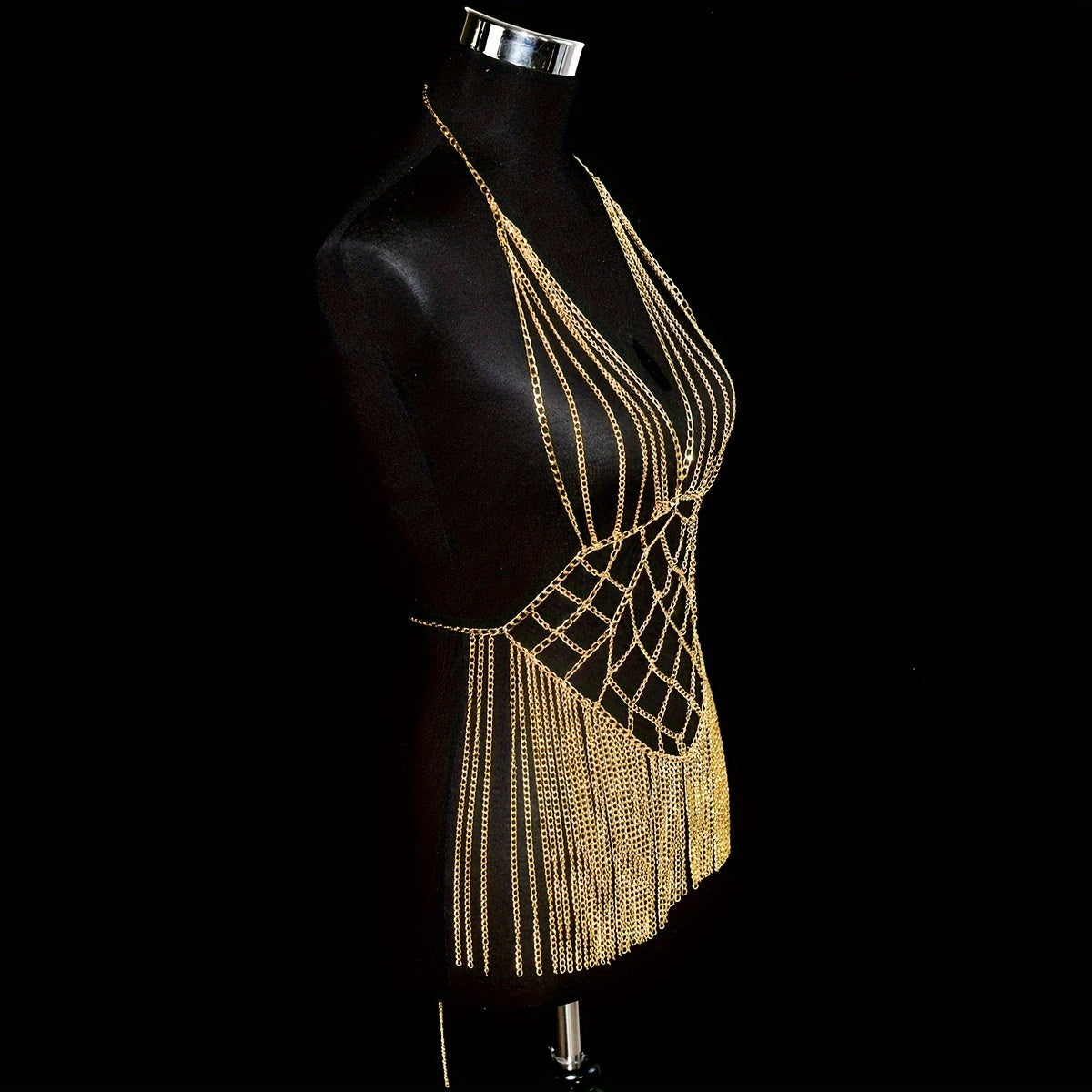 Elegant Golden-Tone Fringe Body Chain with Sparkling Bra Detail - Sexy Aluminum Alloy Party & Festival Accessory, Perfect for Nightclubs and Streetwear Fashion