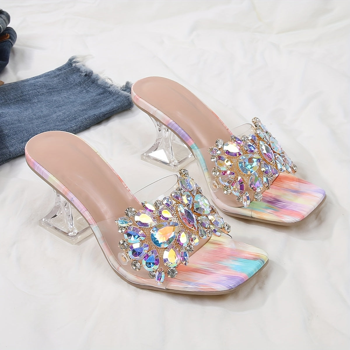 Women's Rhinestone Embellished Pyramid Heel Sandals - Stylish Pink Transparent Strap with Sparkling Floral Design, Perfect for Weddings & Formal Events