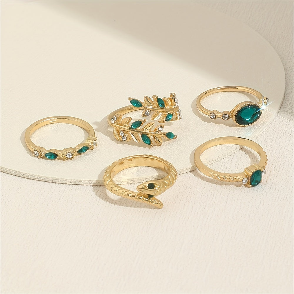 Vintage Elegant Leaf & Snake Design Rhinestone Stacking Rings Set - 5-Piece Alloy Ring Pack with Green Accents for Daily & Vacation Wear