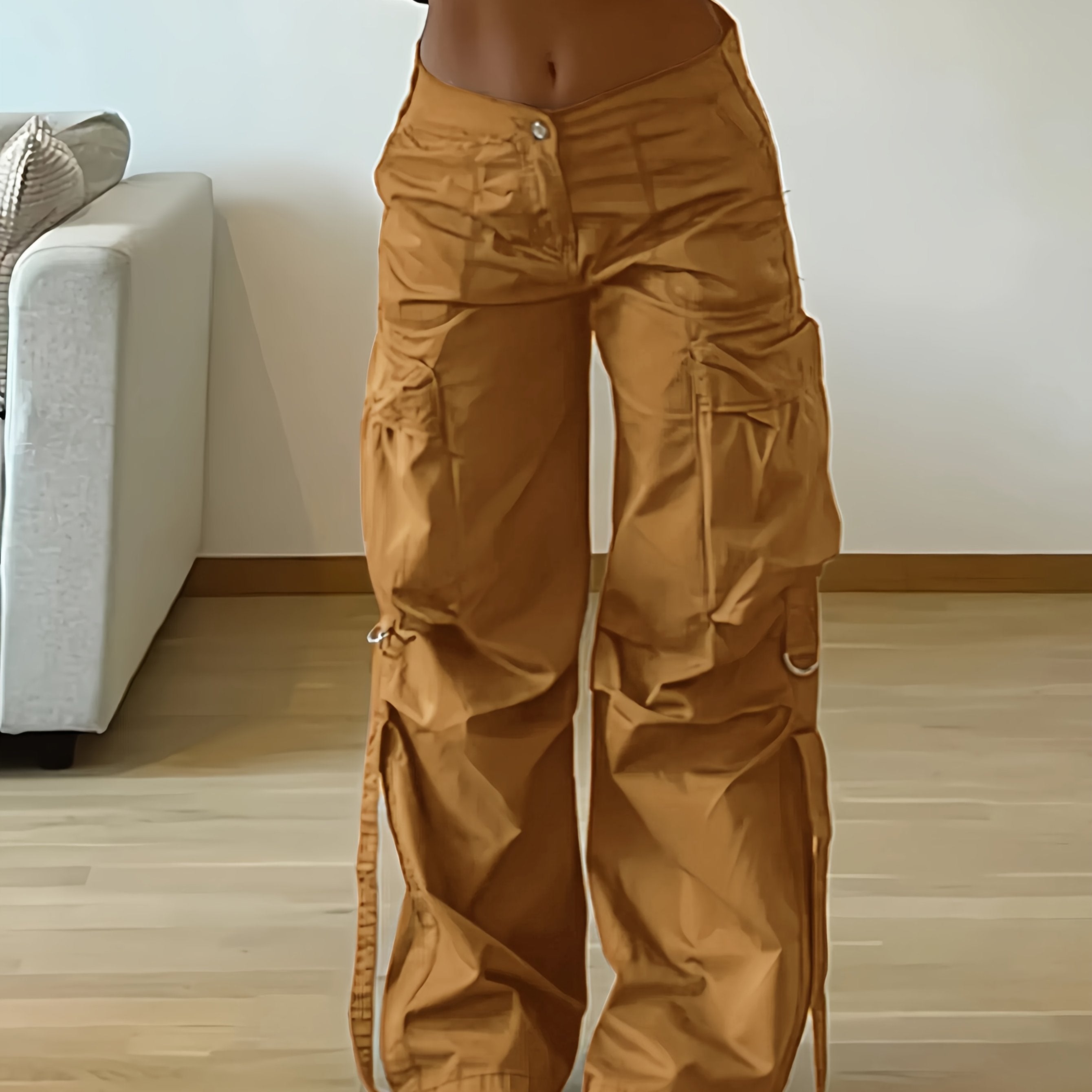 Casual Solid Color Cargo Pants for Adults, 100% Polyester Woven Fabric, All-Season Tapered Jogger Style with Drawstring, Pockets, 130g/m² Weight - Streetwear Essential