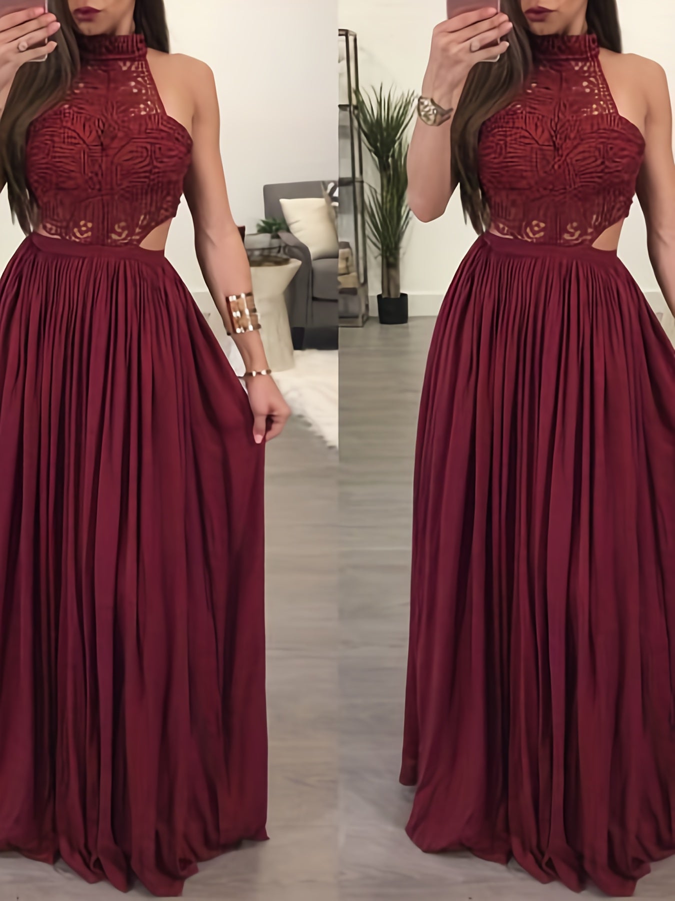 Women Hollow Out Lace Halter Dress, Crochet High Waist Pleated Maxi Dress Wedding Party Dress