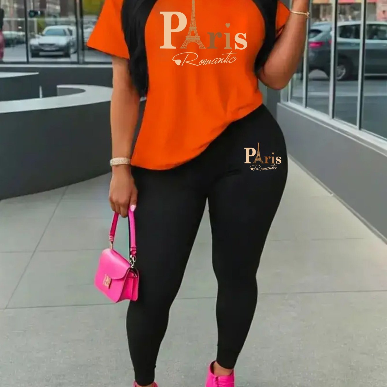 Eiffel Tower Paris-Inspired Women's Casual Outfit - Comfy Short Sleeve Tee & Stylish Pants Set, Machine Washable