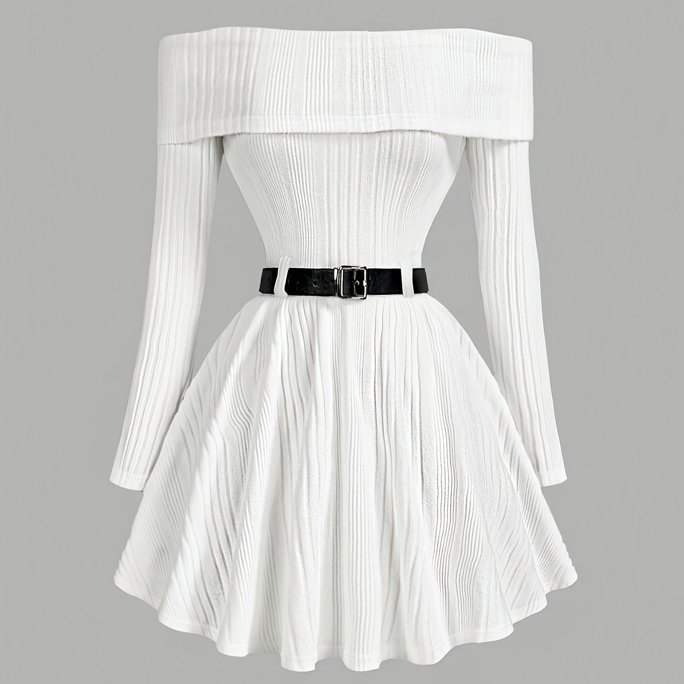 Women'S One-Shoulder Long-Sleeve Dress with a Fitted Waist in Solid Color, Without a Belt.