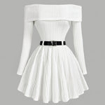 Women'S One-Shoulder Long-Sleeve Dress with a Fitted Waist in Solid Color, Without a Belt.