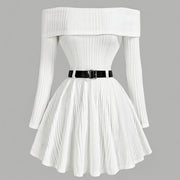 Women'S One-Shoulder Long-Sleeve Dress with a Fitted Waist in Solid Color, Without a Belt.