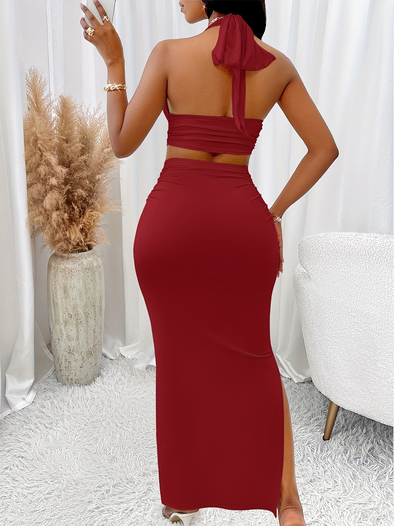 Women'S Elegant Halter Neck Sleeveless Backless Knit Dress and Skirt Set, Solid Color, Slight Stretch Polyester Elastane Fabric, 200g/m², for Spring/Summer