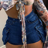 Women's Sexy Denim Mini Skirt with Cargo Pockets - Stretchy, Mid-Rise, Washed Blue, Summer Fashion, Cotton, Bodycon Fit, Casual Style