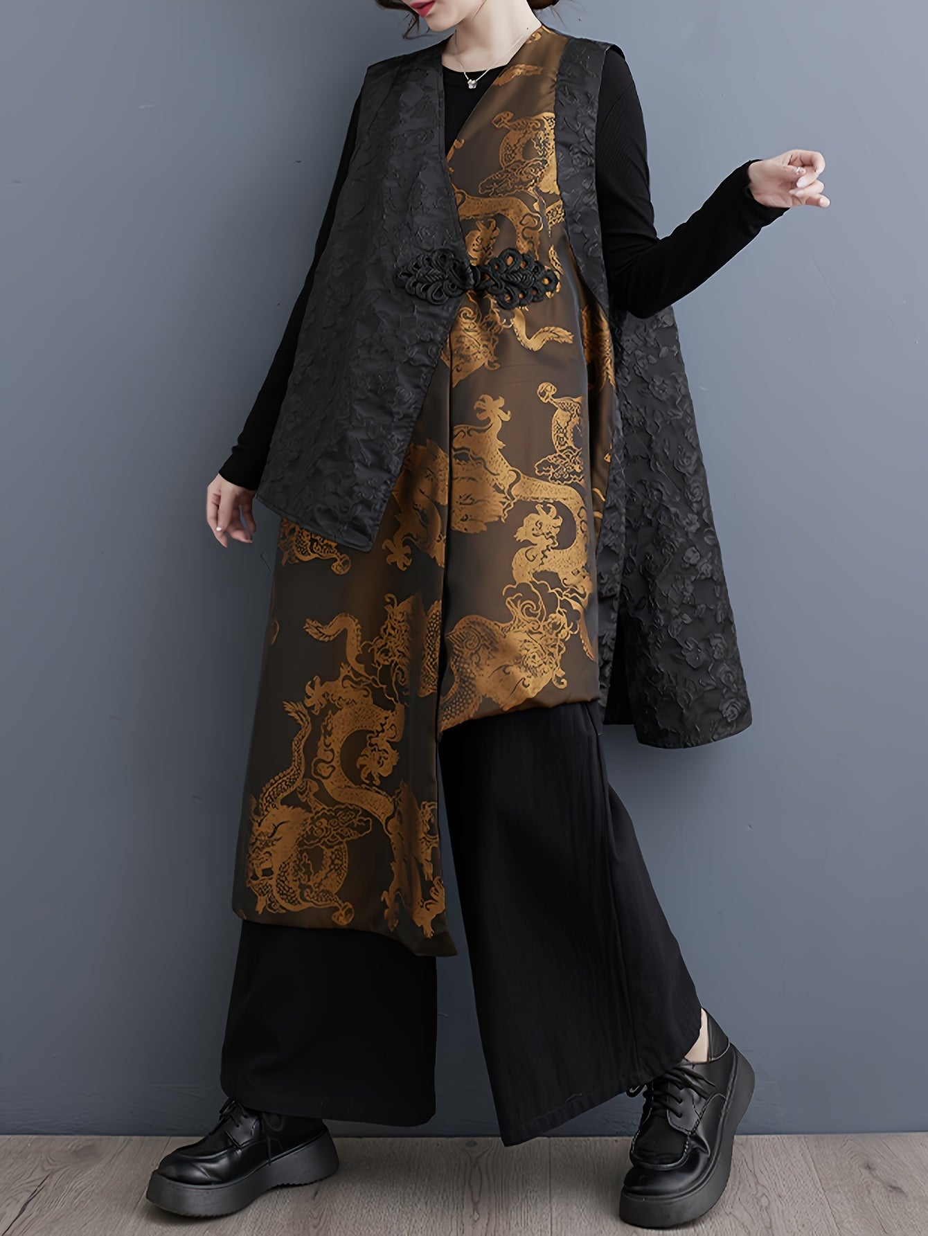 1pc Elegant Plus Size Golden Dragon Print Sleeveless Kimono Cardigan - Casual Polyester Woven Outerwear with Asymmetrical Hem and Criss-Cross Neck Design