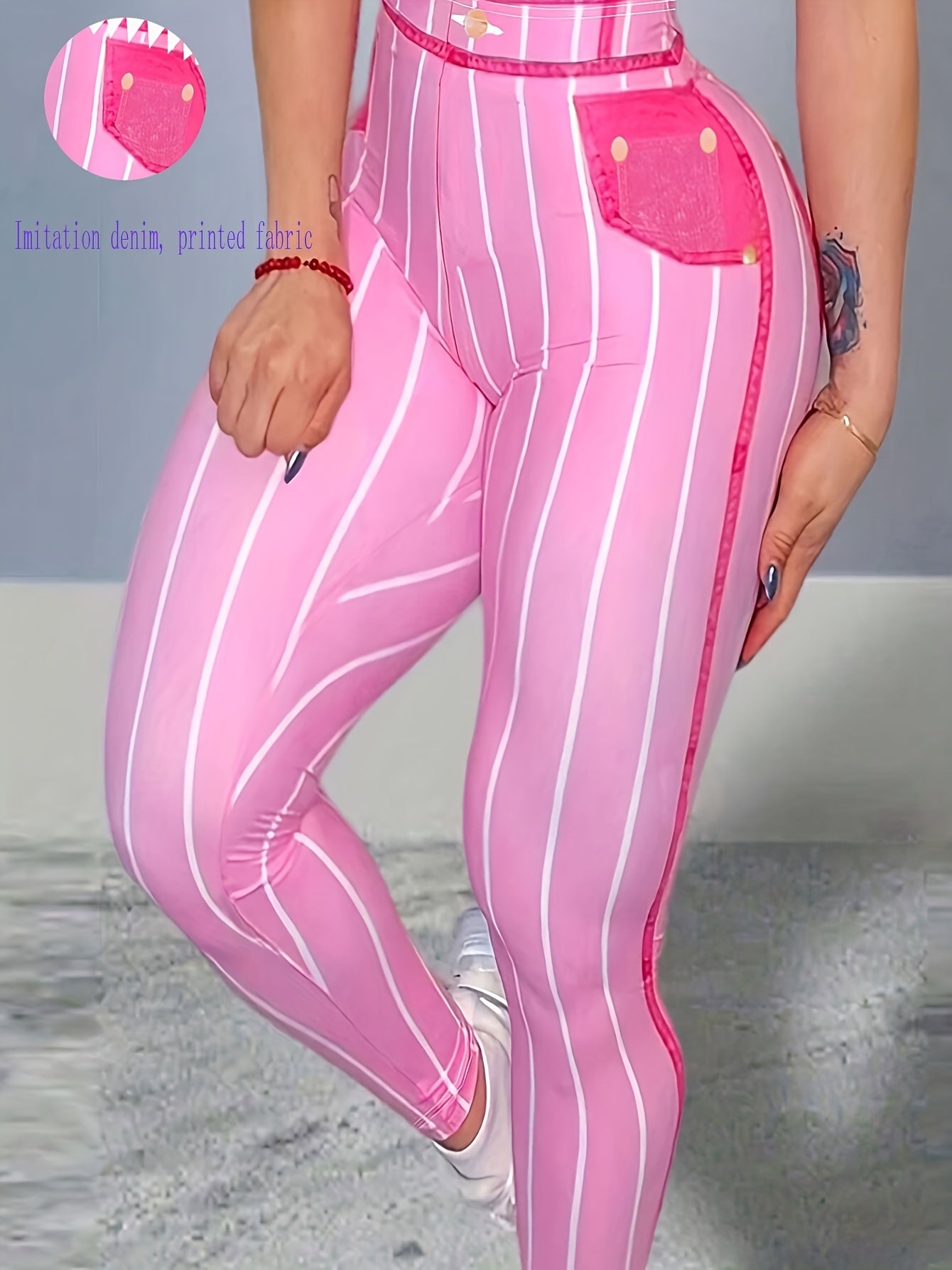 Daerling Women's Fashion Leggings - Elegant Pink & White Striped Print, High-Waisted, Stretchy Polyester Blend with Elastic Detail, Machine Washable - Slimming Effect for All Seasons, Bottoming