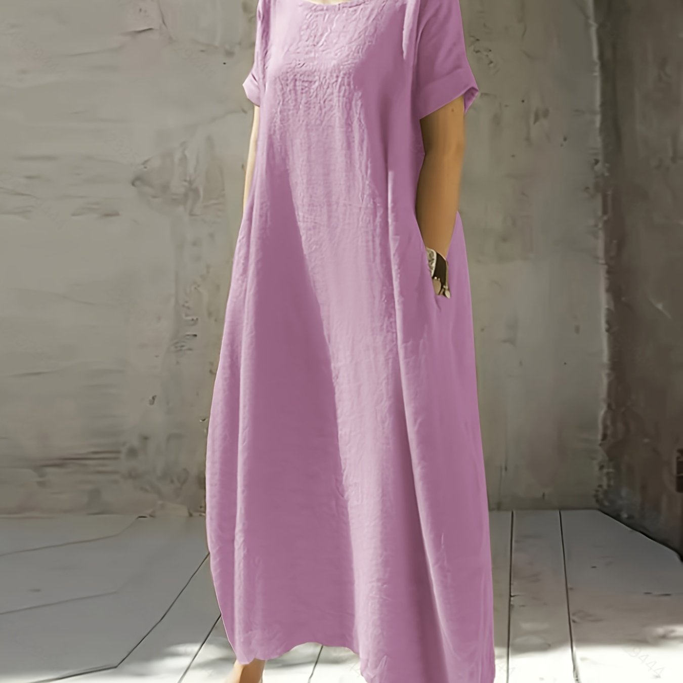 Women's New Summer Round Neck Short Sleeve Loose Dress with Pocket, Elegant and Pure Color Mid-Long Casual Skirt