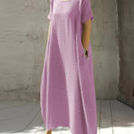 Women's New Summer Round Neck Short Sleeve Loose Dress with Pocket, Elegant and Pure Color Mid-Long Casual Skirt