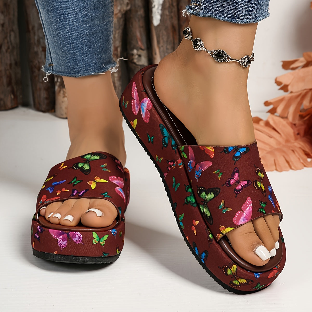 Women'S Fashionable Summer Platform Sandals with Butterfly Print - Slip-On, Open Toe, Rubber Sole, Synthetic Insole, All-Season Comfort, Casual Footwear | Vibrant Sandals | Comfortable Footwear