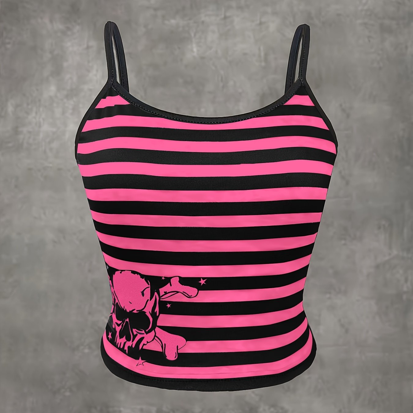 Vibrant Striped Grunge Punk Cami Crop Top - Spaghetti Strap, Mid Elasticity, Polyester, Random Print, Casual, Slingback, Summer Essential - Womens Fashion Clothing