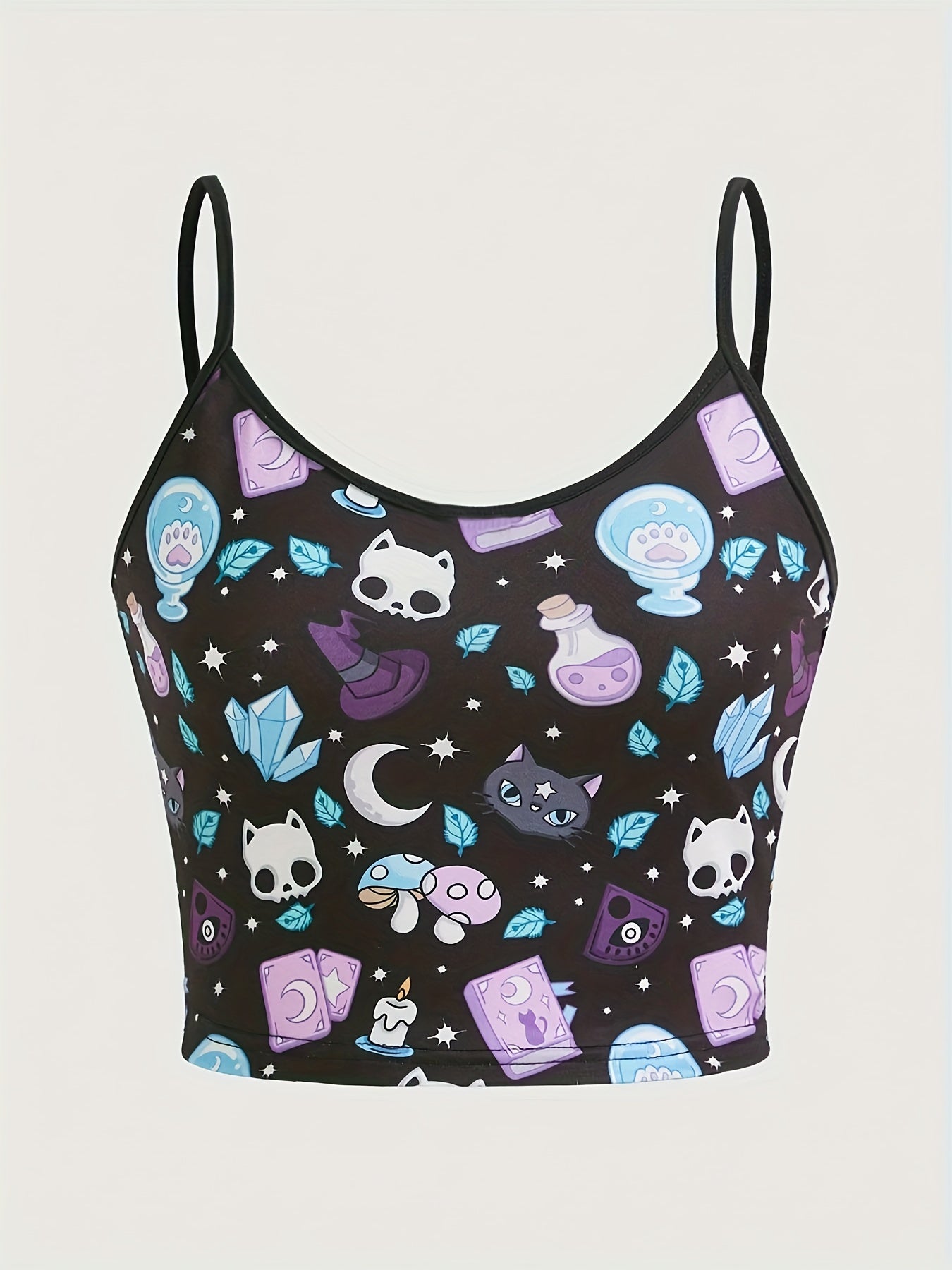 Cat & Mushroom Print Cami Top, Casual Sleeveless Cami Top For Summer, Women's Clothing