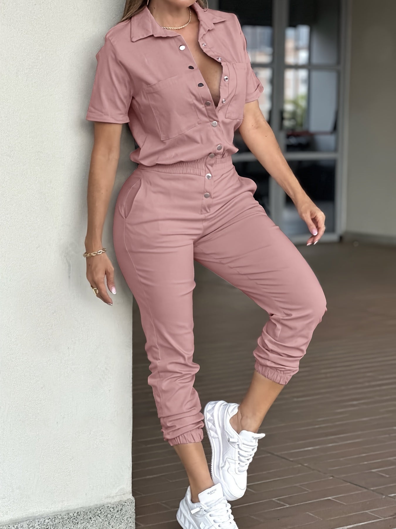 Ladies' Casual V-Neck Pocket Jumpsuit with Button Closure and Cuffed Ankle Pants