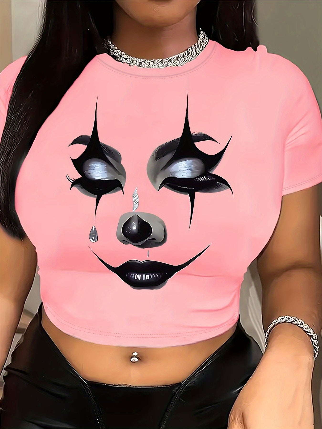 Clown Face Print Crew Neck T-Shirt, Casual Short Sleeve T-Shirt For Spring & Summer, Women's Clothing