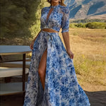 Spring And Summer New European And American Long Women'S Puff Sleeve Premium Print Sexy Style Women'S V-neck Dress Women