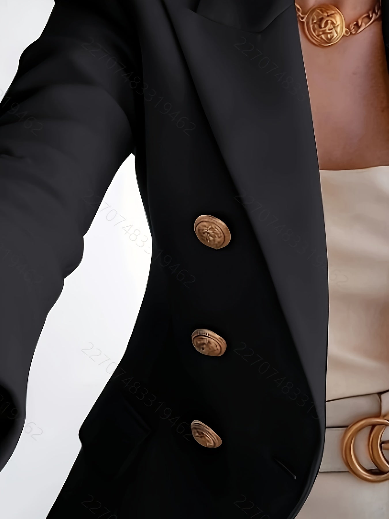 Women's Stylish Double-Breasted Blazer - Slim Fit Casual Jacket with Golden Accents, Black Polyester, Long Sleeve, Perfect for Spring & Fall, Fall Jacket | Elegant Casualwear | Sophisticated Tailoring, Cute Jacket