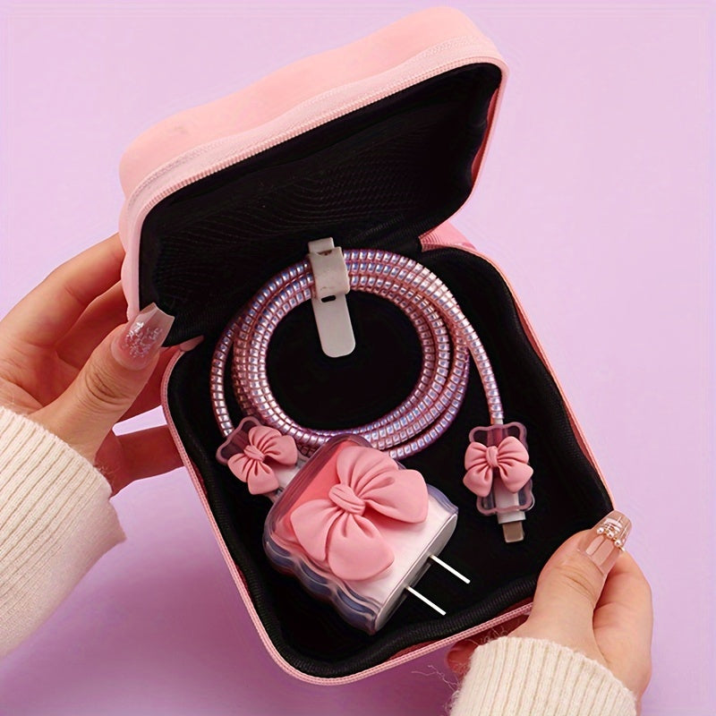 Pink EVA Material 6pcs Bowknot Storage Set - Data Cable Protector with Winding Tool and Anti-Breakage Charger Head Protector - iPhone Accessory Organizer