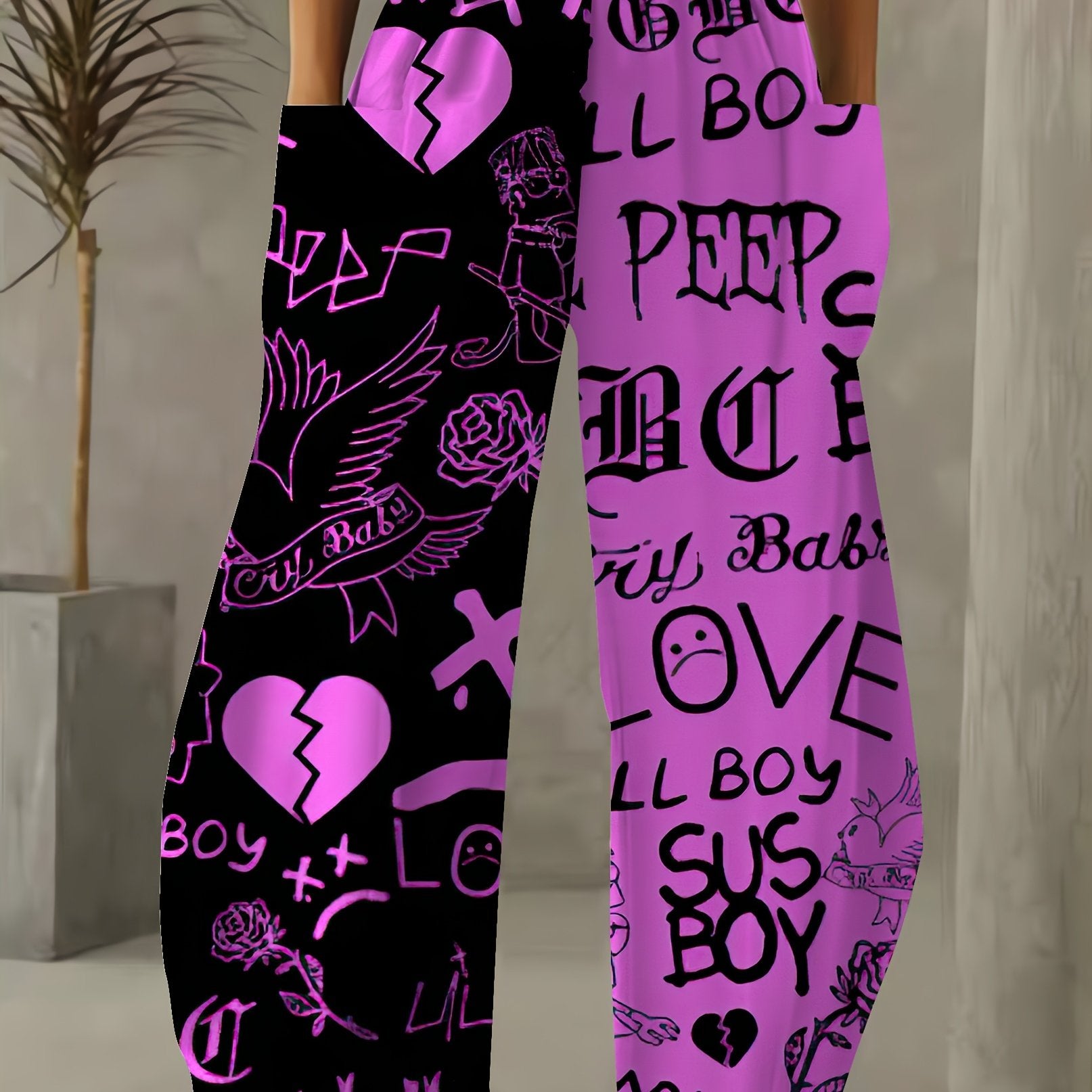Women'S High-Waisted Casual Palazzos, 3D Heart & Letter Print, All-Over Pattern, Loose Fit, Wide Leg, Long Length, Non-Stretch Polyester, 120g/m², Woven Fabric, All-Season, with Pockets, Trendy Dance & Sport Style