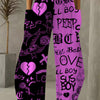 Women'S High-Waisted Casual Palazzos, 3D Heart & Letter Print, All-Over Pattern, Loose Fit, Wide Leg, Long Length, Non-Stretch Polyester, 120g/m², Woven Fabric, All-Season, with Pockets, Trendy Dance & Sport Style