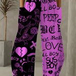 Women'S High-Waisted Casual Palazzos, 3D Heart & Letter Print, All-Over Pattern, Loose Fit, Wide Leg, Long Length, Non-Stretch Polyester, 120g/m², Woven Fabric, All-Season, with Pockets, Trendy Dance & Sport Style