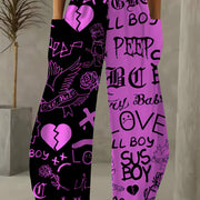 Women'S High-Waisted Casual Palazzos, 3D Heart & Letter Print, All-Over Pattern, Loose Fit, Wide Leg, Long Length, Non-Stretch Polyester, 120g/m², Woven Fabric, All-Season, with Pockets, Trendy Dance & Sport Style