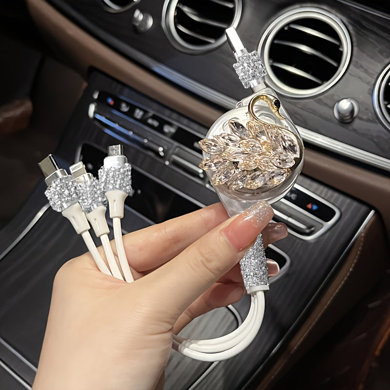 [3-in-1 Fashion USB Charging Cable] 1pc Durcord 3-in-1 Fashion USB Charging Cable, Rhinestone Embellished, Compatible with iPhone 16/15/14/13/12/11, Vivo, Oppo, Xiaomi, Huawei - Trendy Street Style Data Cord without Battery