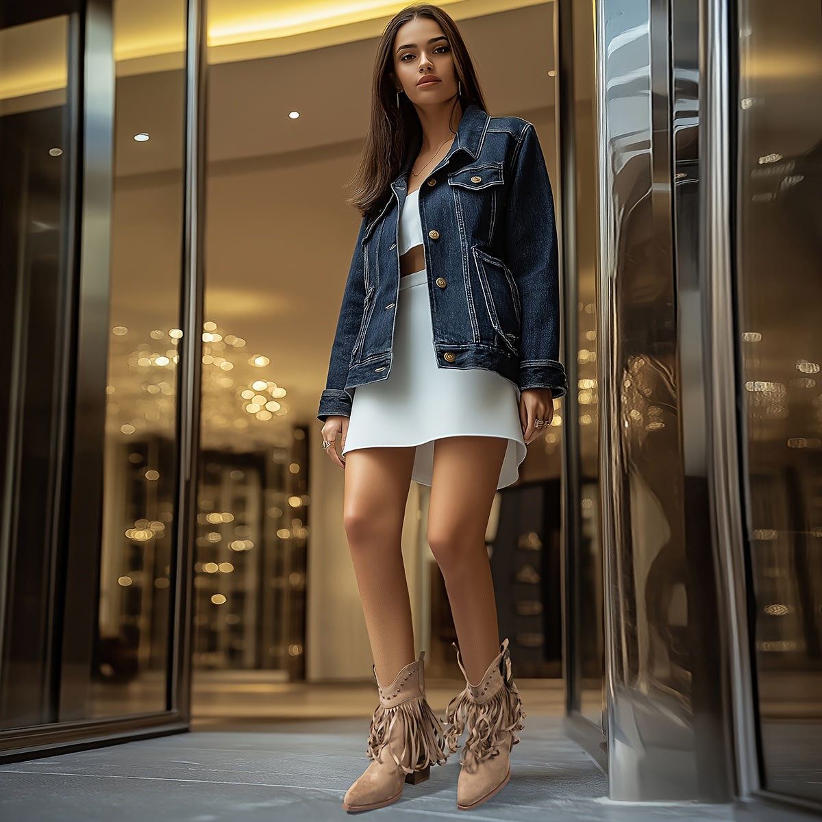 Chic Women's Mid-Calf Western Cowboy Boots with Tassel & Studded Details, Pointed Toe, Chunky Heel - Slip-On Casual Style