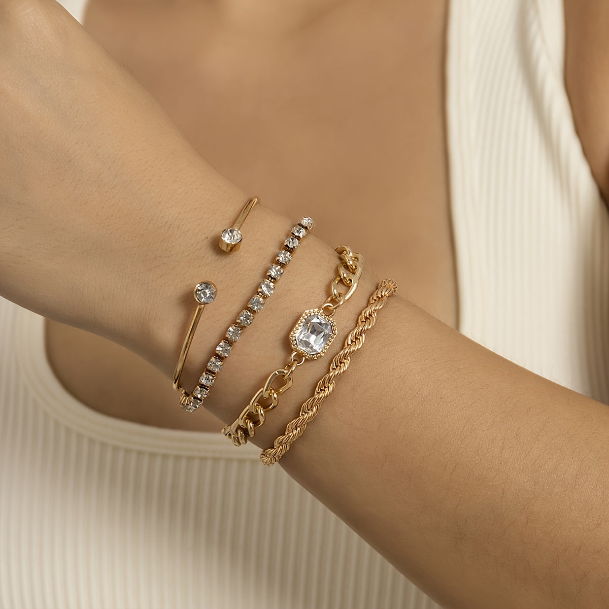 4pcs/Set Elegant Imitation Gemstone Rhinestone Claw Chain Twist Bracelet Open Bangle for Women, Perfect for Vacation & Casual Attire
