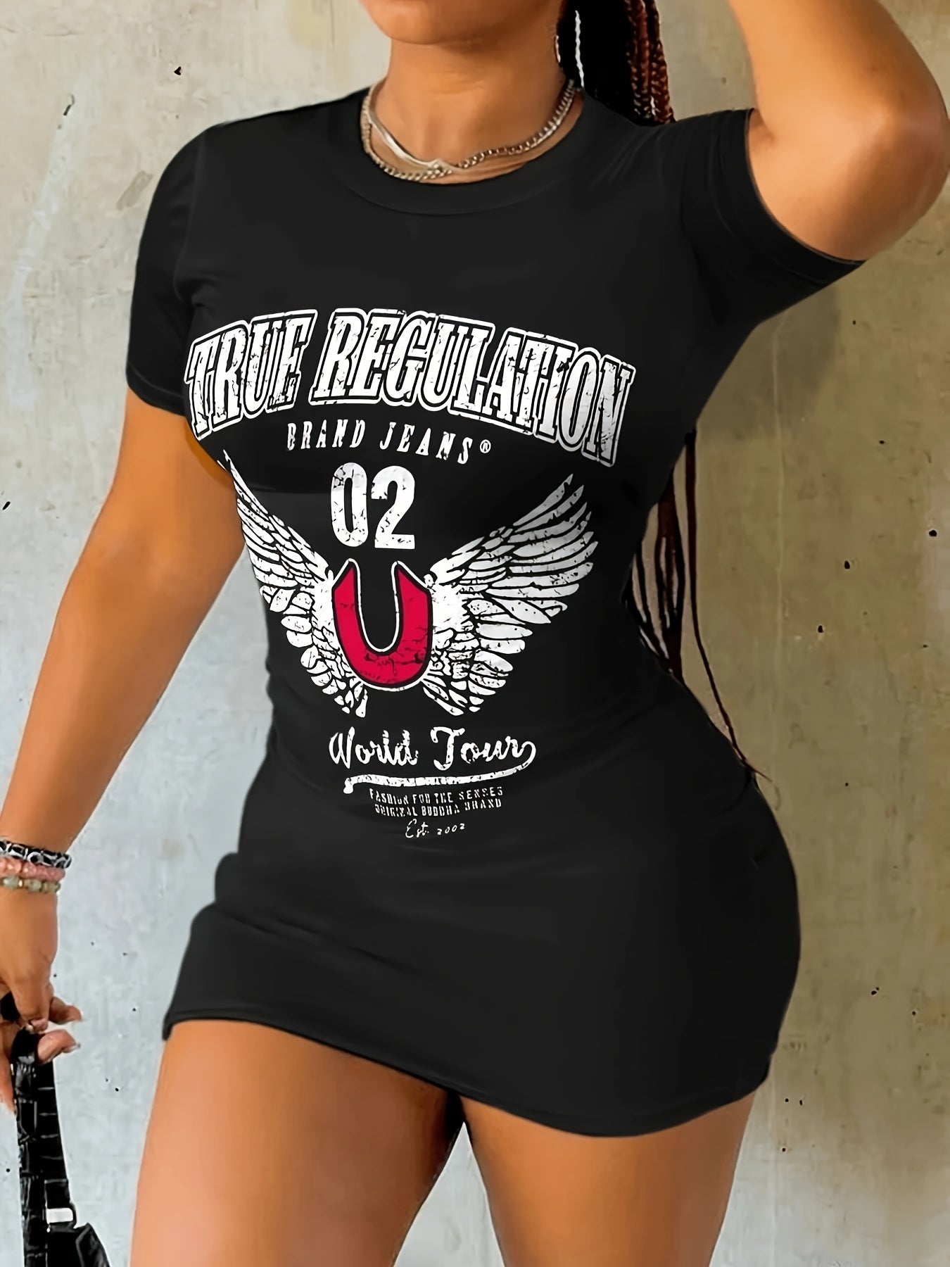 Women'S Summer Bodycon Dress, Casual Crew Neck, 95% Polyester 5% Elastane Knit Fabric, 200g/m², Printed Design, Short Sleeve, Slim Fit - Black