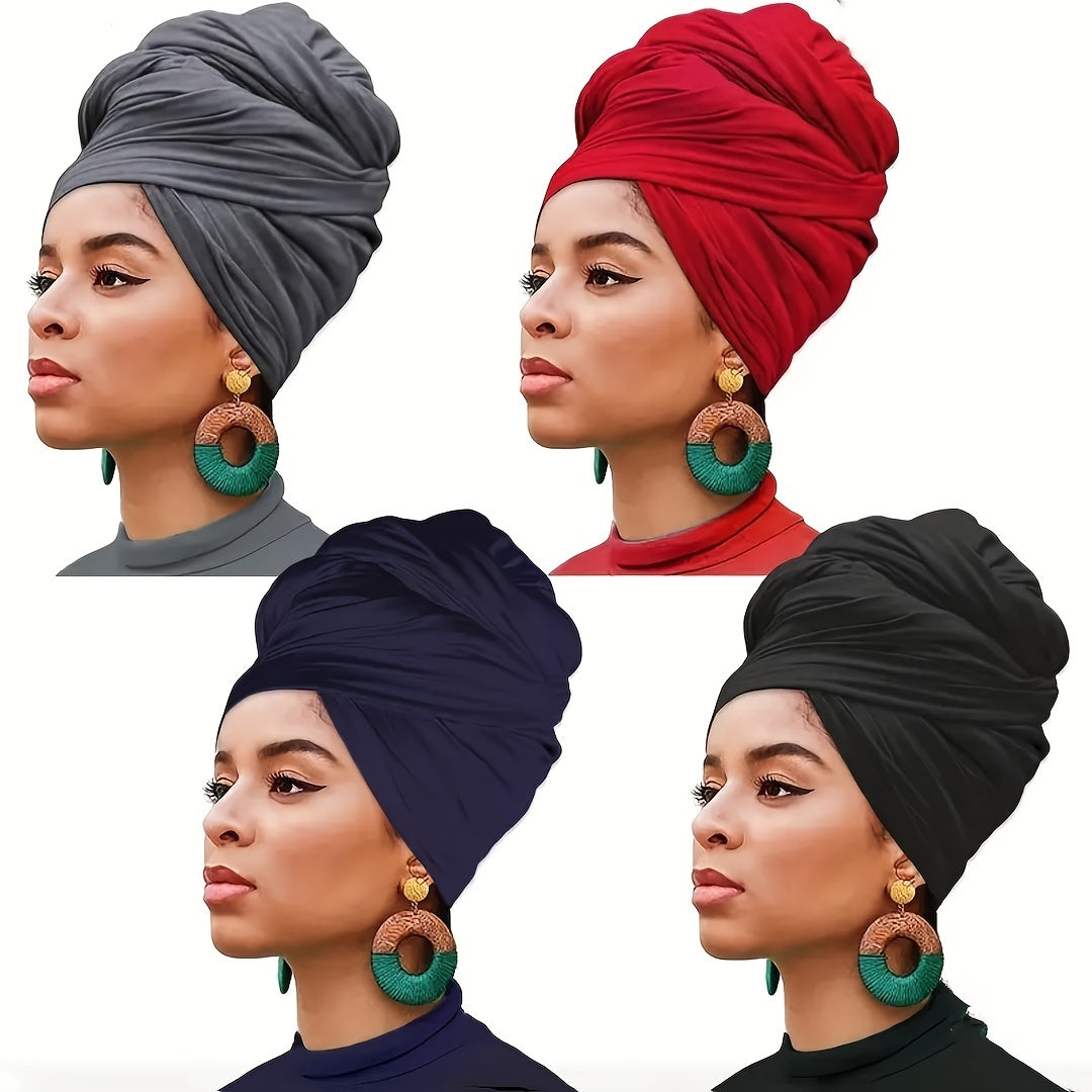 Set of 4 Bohemian Style Pleated Head Wraps, Elegant Solid Color Turban Caps, Breathable And Ultra Soft Extra Long Headbands for Women
