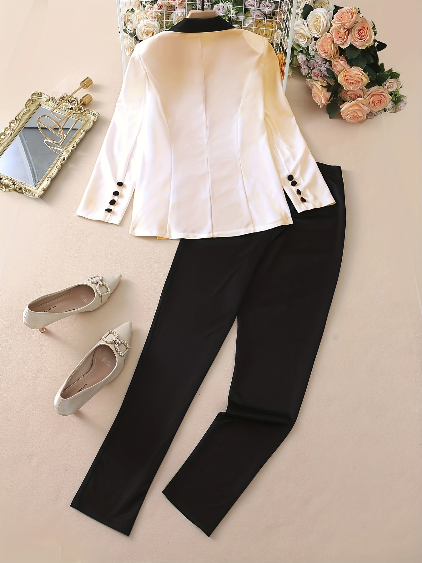two-piece Color Block Blazer & Straight Leg Pant Set for Women, Casual Button-Front Blazer & Pants Outfit