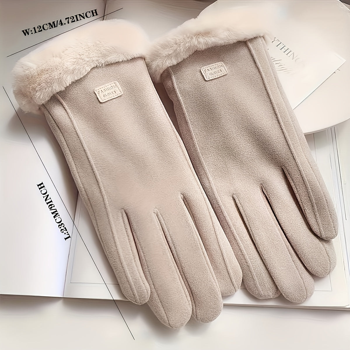 Women'S Beige Touchscreen Gloves - Thick Warm Plush Lined Full Finger Mittens for Winter, Knitted Polyester, Non-Stretch, Hand Washable, Ideal for Going Out