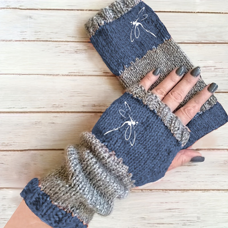 Dragonfly Embroidered Color-Block Mohair Mittens, Elastic, Warm Knitted Gloves for Going Out - Embroidery Craftsmanship