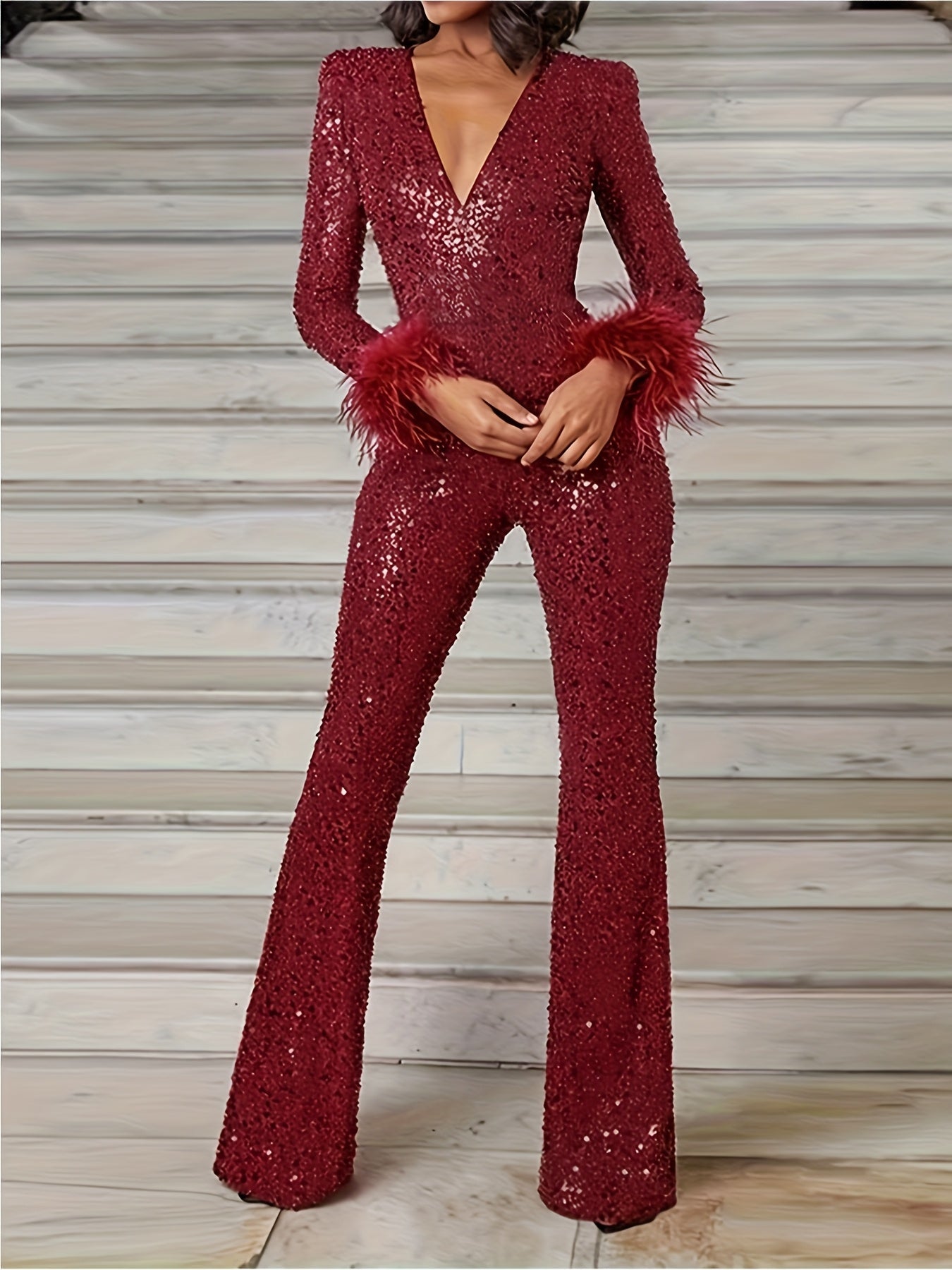 Women's Elegant Black Sequin V-Neck Jumpsuit with Details - Sleeve Flared Leg Party Outfit for Fall/Winter, Glittery Polyester Blend, Hand Wash Only