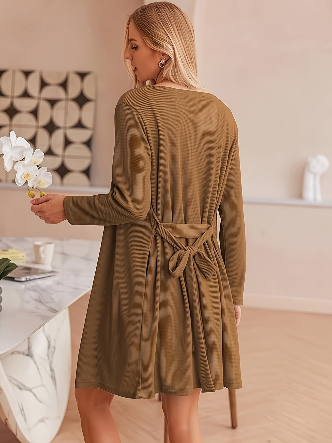 Women's Casual Solid Waffle Lounge Set, Long Sleeve Robe With Belt & Round Neck Backless Crop Cami Top & Shorts, Comfortable Relaxed Fit, Summer Home Wear