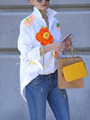 Women's Casual Floral Print Knot Collar Blouse - Long Sleeve, Button-Up Shirt with Vibrant Orange & Green Design, Machine Washable, Perfect for Casual Attire, Ladies Blouses