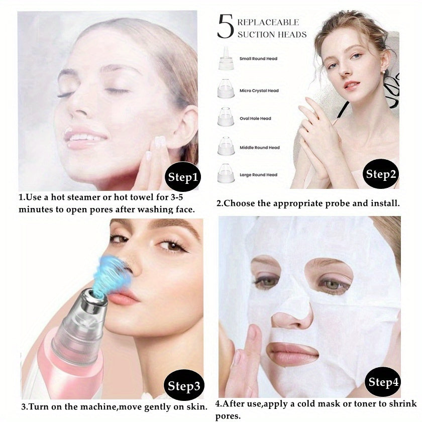 Blackhead Remover, USB Rechargeable Facial Skin Cleansing Beauty Device, with 5 Replacement Heads, Skin Care Tool Kit Gift for Mom on Mother'S Day