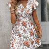 Floral Print Shirred Waist Dress, Elegant Ruffle Sleeve V Neck Dress - Women's Clothing -  Elegant & Feminine Style -  Suitable for Parties, Weddings & Casual Occasions - Perfect Gift for Women