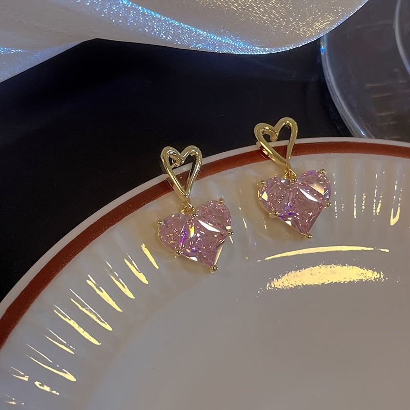 3pcs Y2K-Inspired Pink Heart Bling Jewelry Set - Sparkling Earrings and Necklace, Perfect for Daily Wear, Dates, Vacations & Parties, Date Night Jewelry|Heartshaped Bling|Goldtone Alloy, Jewelry & Accessories