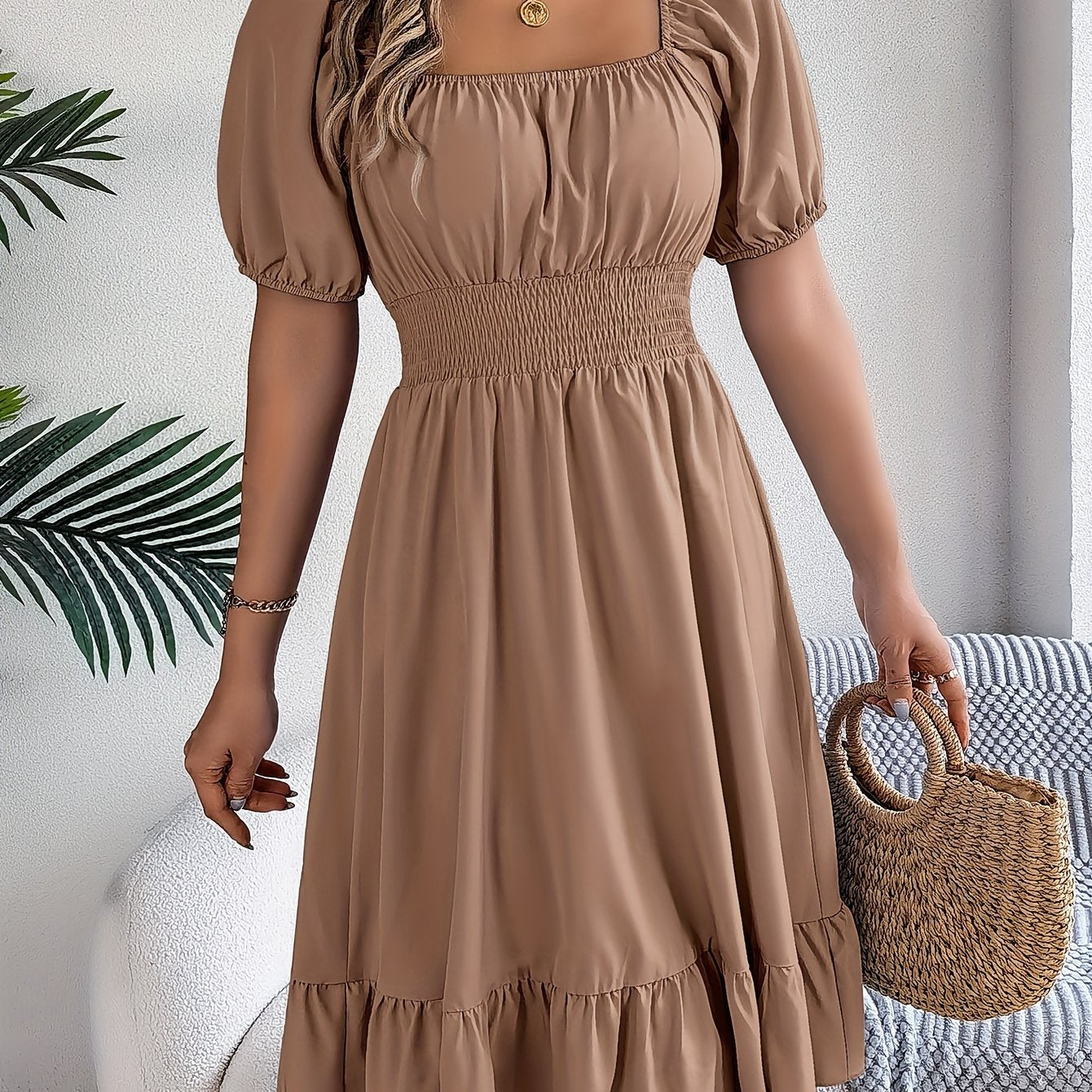 1pc Women'S Elegant Square Neck Short Sleeve A-Line Dress with Ruffle Detail, Polyester Woven Fabric, Solid Color, Spring/Summer/Autumn Collection